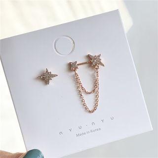Non-matching Rhinestone Star Chained Earring 1 Pair - Earring - Rose Gold - One Size