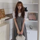 Short-sleeve Plain Blouse / Sleeveless Gingham Midi Dress