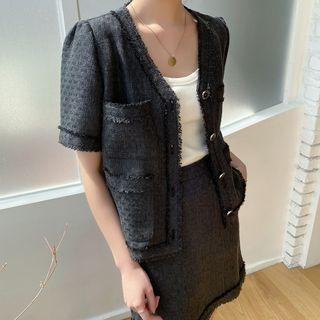 V-neck Summer Tweed Jacket Black - One Size