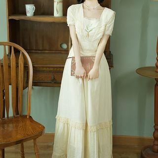 Short-sleeve Square Neck Embroidered Maxi A-line Dress