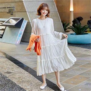 Frill-trim Crinkled Midi Tiered Dress