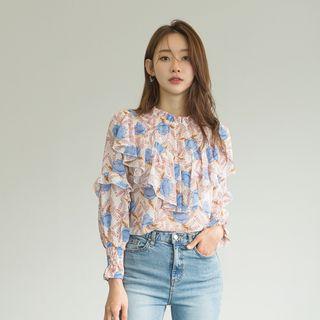 Smocked-cuff Ruffle-trim Floral Blouse