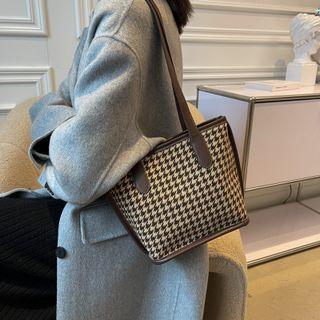 Set: Houndstooth Faux Leather Shoulder Bag + Pouch