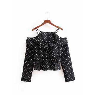 Dotted Cold Shoulder Long-sleeve Top