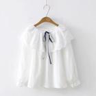 Long-sleeve Frill-trim Perforated Top White - One Size