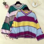 Color Panel Long-sleeve V Neck Knit Pullover