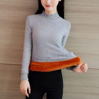 Plain Mock Neck Long Sleeve Fleece Lined Knit Top