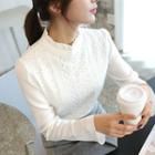 Frilled Mock-neck Lace-panel Blouse