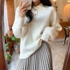 Collared Balloon-sleeve Knit Top Ivory - One Size