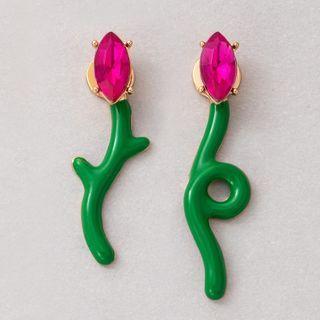 Flower Stud Earring 20751 - 1 Pair - Green & Light Red - One Size