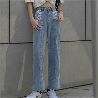 Floral Print Panel Straight-leg Jeans