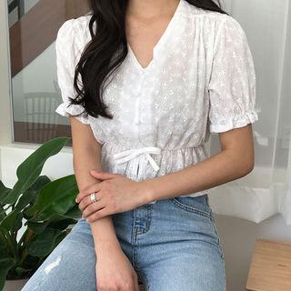 Drawstring-waist Eyelet-lace Top Ivory - One Size
