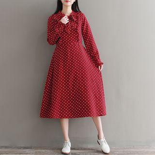 Tie-neck Frilled Polka Dot A-line Dress