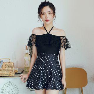 Short-sleeve Cold-shoulder Lace Panel Swimdress