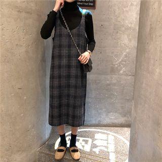 Long Sleeve Knit Top / Plaid A-line Pinafore Dress