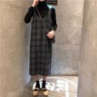 Long Sleeve Knit Top / Plaid A-line Pinafore Dress