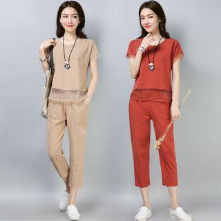 Set: Lace Panel Short-sleeve Blouse + Tapered Pants