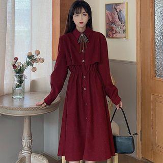 Long-sleeve Ribbon Accent Midi Shirt Dress