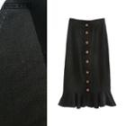 Button Ruffle-hem Midi Straight-fit Skirt