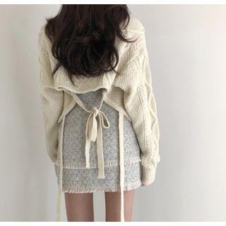 Drawstring Back Cable Knit Cardigan / Frayed Layered Tweed Skirt