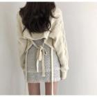 Drawstring Back Cable Knit Cardigan / Frayed Layered Tweed Skirt