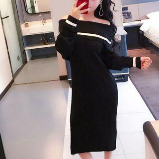 Off-shoulder Long-sleeve Knitted Dress Black - One Size