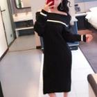 Off-shoulder Long-sleeve Knitted Dress Black - One Size
