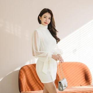 Set: Balloon-sleeve See-through Top + High-neck Bodycon Dress