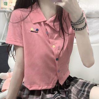 Asymmetrical Short-sleeve Cloud Embroidered Polo Shirt Pink - One Size