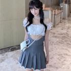 Mini A-line Pleated Skirt / Short-sleeve Lace Blouse