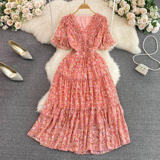 Short Sleeve V-neck Ruffle Floral Print A-line Dress