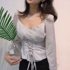 3/4-sleeve Lace-up Dotted Blouse White - One Size