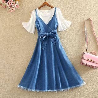 Set: Crew-neck Elbow-sleeve T-shirt + Denim Midi Spaghetti Strap Dress