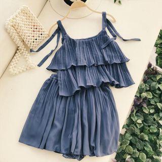 Set: Ruffle Trim Camisole Top + Wide Leg Shorts