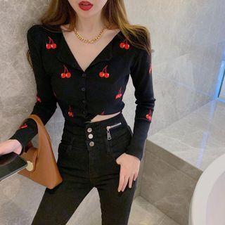 Cherry Pattern Cardigan 7278 - Cardigan - Black - One Size