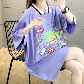 Polo Collar Oversize Elbow-sleeve Printed T-shirt