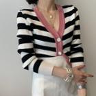V-neck Striped Skinny Single-breasted Knitted Cardigan