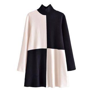 Mock Neck Two-tone Sweater Dress