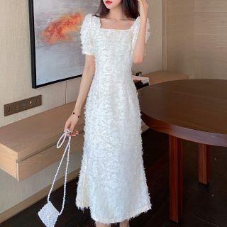 Puff-sleeve Textured Midi Mermaid Dress