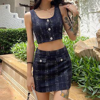 Button-up Plaid Crop Tank Top / Mini Pencil Skirt