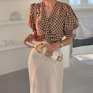 Puff-sleeve Knot-front Gingham Blouse