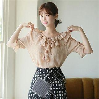 Off-shoulder Tasseled Frilled Blouse