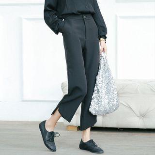 Plain Asymmetric High-waist Cropped Boot-cut Pants