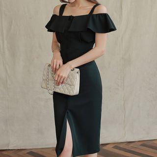 Frilled Cold Shoulder Sheath Dress
