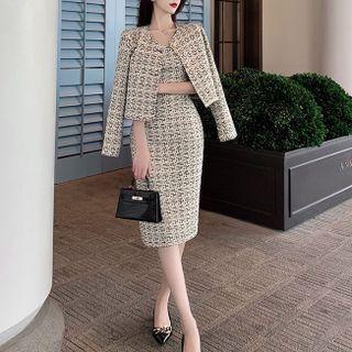 Plaid Button Jacket / Sleeveless Sheath Dress