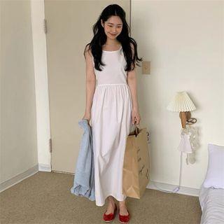 Sleeveless Plain Midi A-line Dress White - One Size