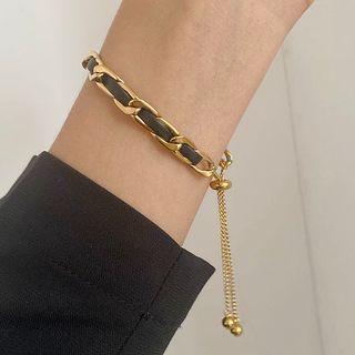Alloy Leather Bracelet E608 - Black & Gold - One Size