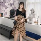 Long-sleeve Dotted Panel A-line Tiered Dress