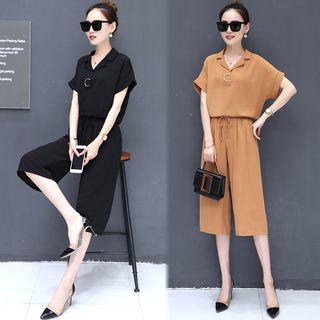 Set: Short-sleeve Plain Shirt + Wide-leg Pants