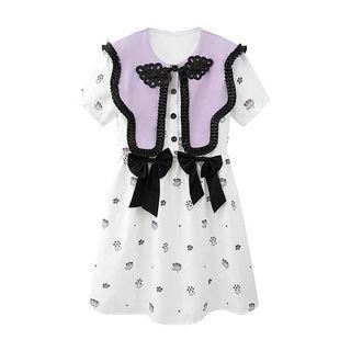 Short-sleeve Collar Ribbon Floral Mini A-line Dress White - One Size